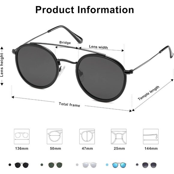 Vintage Round Polarized Sunglasses for Women Men Retro Double Bridge Circle